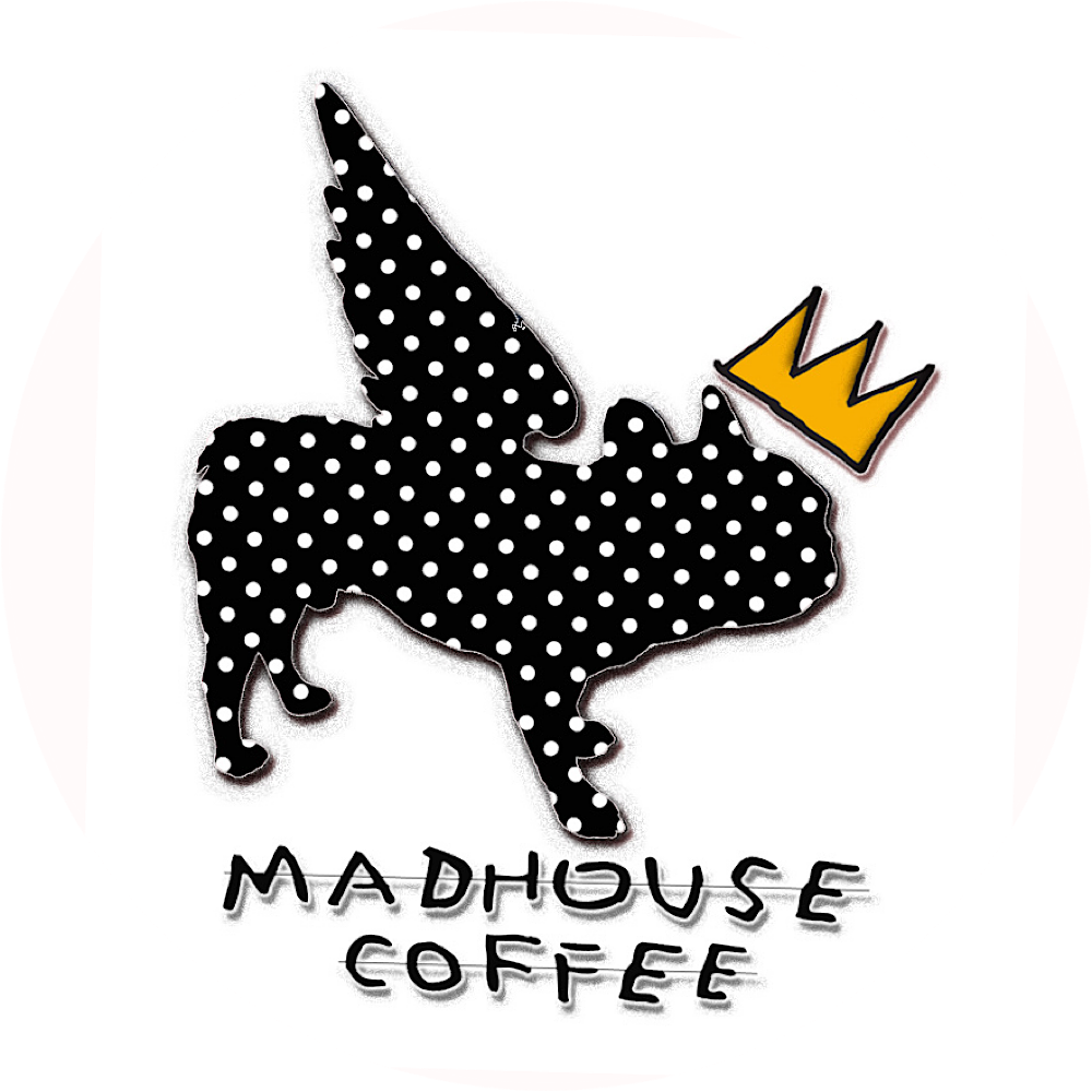 Bignè, the crowned polka-dot French bulldog in the original Madhouse logo