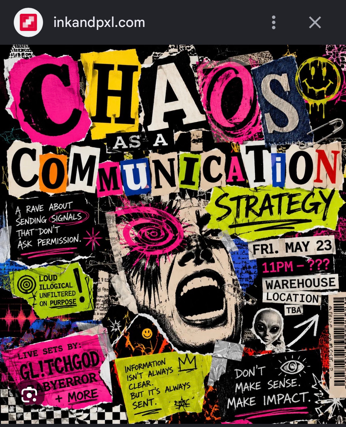 Collage poster reading Chaos as a Communication Strategy, with torn pink, yellow and blue paper, mixed lettering and checkerboard details