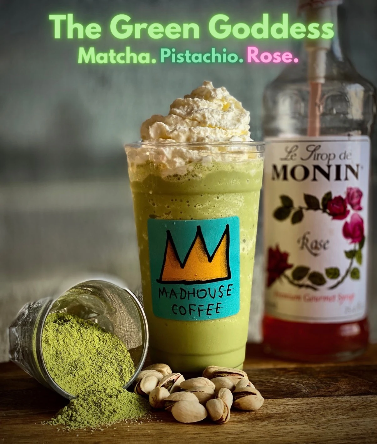 Green Goddess with matcha, pistachio and rose in a crown-branded cup